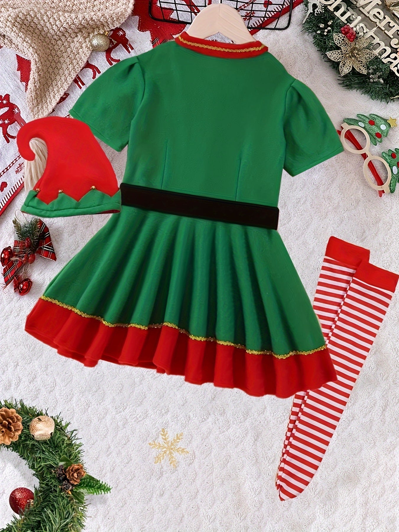 4pcs Girls Christmas Flannel Lapel Dress + Hat + Long Socks + Belt, Christmas Dress Up Outfit, Joy Festival Celebration Clothes