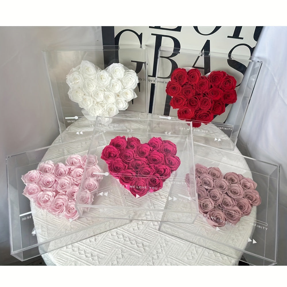 Eternal Love Heart: 16pcs Forever Flowers Box - Preserved Roses in Clear Acrylic - Perfect Gift for Her, Wife, Mom on Valentine's, Mother's Day & Birthdays