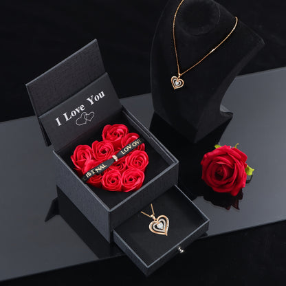 Halloween Gift Set - Eternal Rose Artificial Flowers in Heart-Shaped Box with "I Love You" Golden Heart Pendant Necklace, No Battery, No Electricity Needed - Perfect for Girlfriend, Wife, Mom, Best Friend