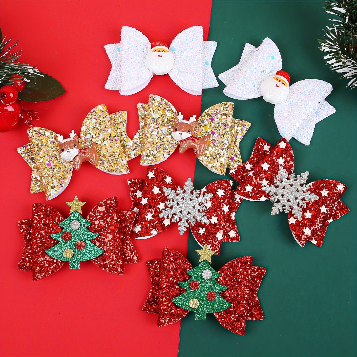 8pcs Christmas Reindeer & Sequin Bow Hair Clip Set - Cute Faux Leather Holiday Party Accessories for Women and Girls