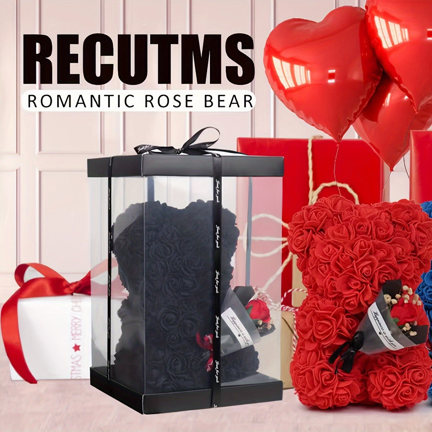 Romantic Artificial Rose Bear Gift - Perfect for Any Occasion, Includes Elegant Gift Box, Red/Black