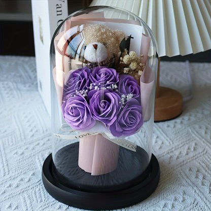 Glass Dome Bear Bouquet Artificial Roses - Tabletop Decor for Various Occasions, Ideal Gift for Birthdays, Valentine's Day, Christmas, Mother's Day, Graduation, Thanksgiving - No Electricity or Battery Needed