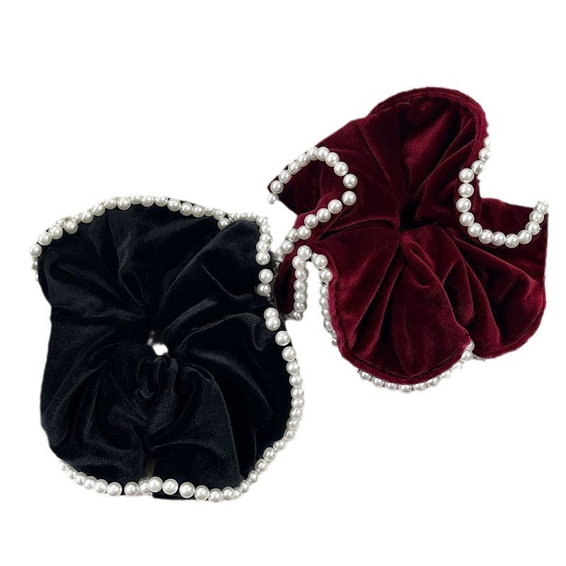 Vintage Velvet Beads Hair Ring Temperament Oversized Flocking Classic Style All-matching Elegant Fashion High Elastic Black Hair Rope