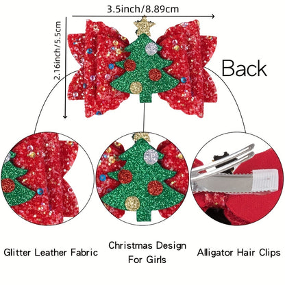 8pcs Christmas Reindeer & Sequin Bow Hair Clip Set - Cute Faux Leather Holiday Party Accessories for Women and Girls