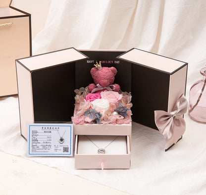 Preserved Flower Rose Bear Necklace Gift Box