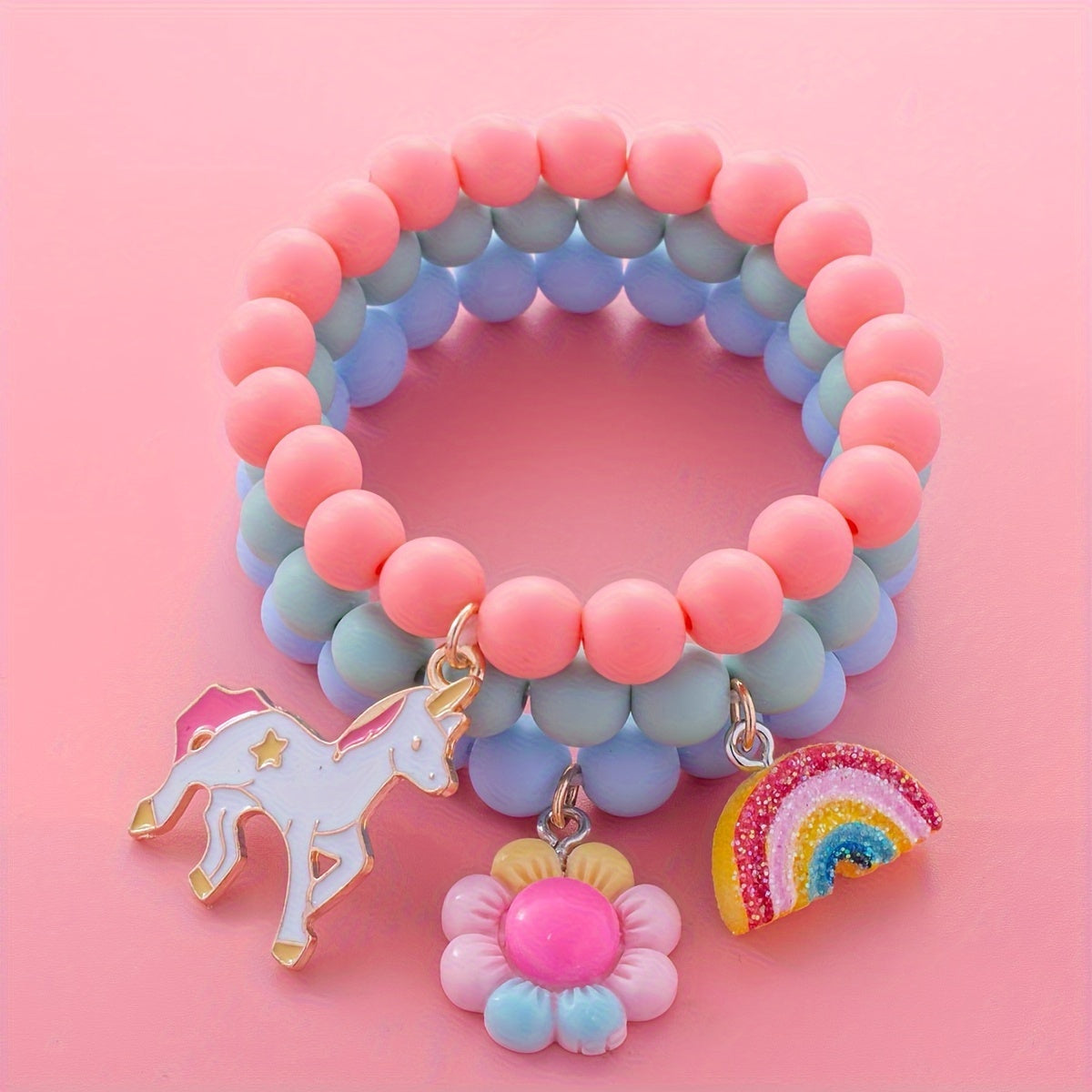 3pcs Cute Unicorn/Sunflower/Rainbow Charm Beaded Bracelets For Girls, Simple Style Daily Decorations, Holiday Gifts