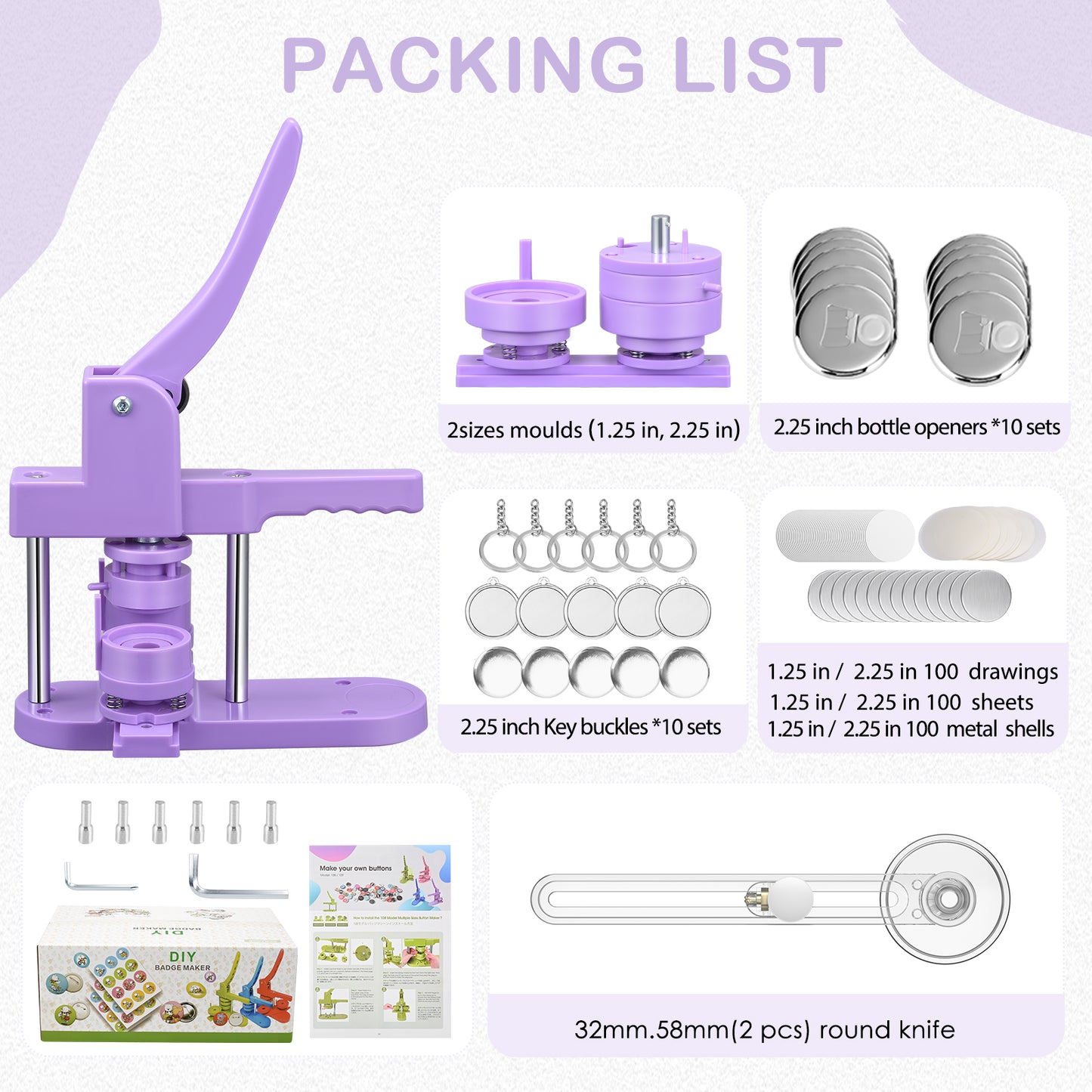 DIY Badge Press Machine with Molds 32+58 mm200 Plastic Badge Sets Round Paper Cutter 10 Bottle Openers & 10 Key Chains