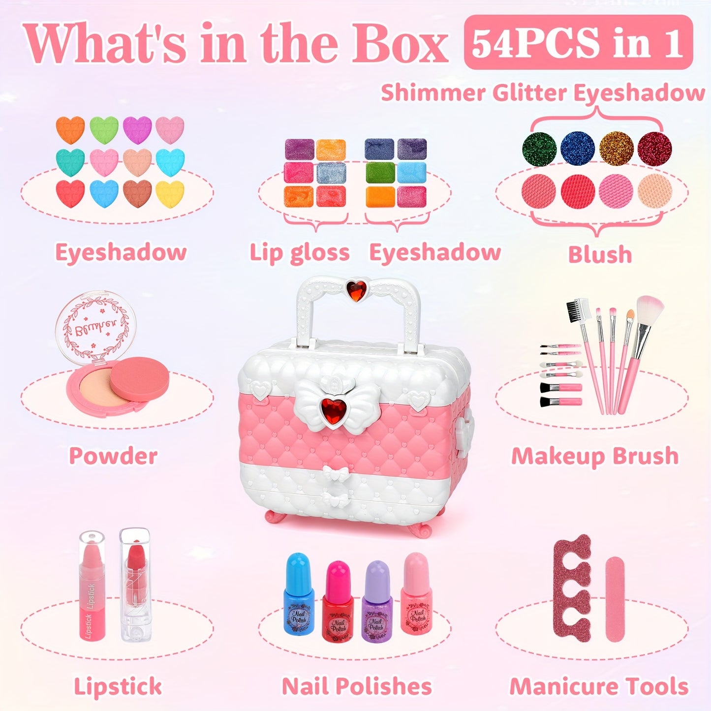 54PCS Kids Makeup Kit for Girl, Washable Kids Makeup Kit Girl Toys, Real Little Girls Makeup Kit for Kids 4-12, Birthday Gifts Christmas Toys for Girls 4 5 6 7 8 9 Year Old