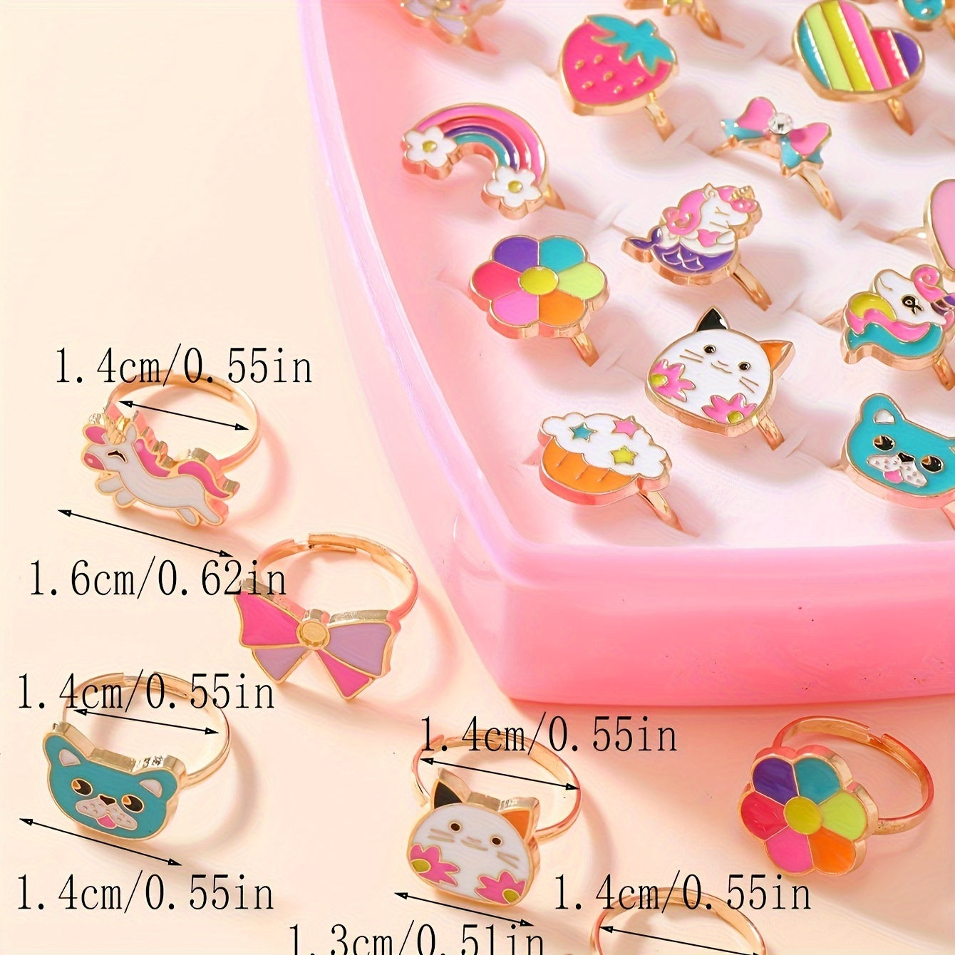 Kids Rings for Girls, 36-Piece Adjustable Princess-Themed Cartoon Cute Enamel Rings Set, Zinc Alloy, 18K Gold Plated, No Mosaic, Ages 3-14