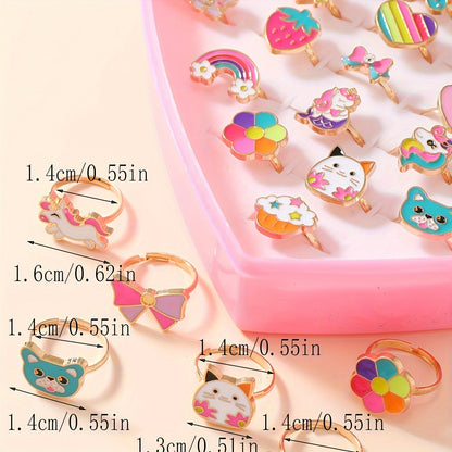 Kids Rings for Girls, 36-Piece Adjustable Princess-Themed Cartoon Cute Enamel Rings Set, Zinc Alloy, 18K Gold Plated, No Mosaic, Ages 3-14