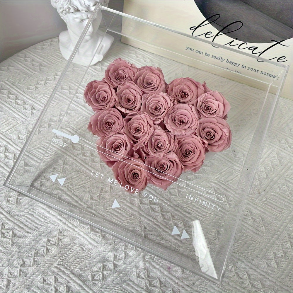 Eternal Love Heart: 16pcs Forever Flowers Box - Preserved Roses in Clear Acrylic - Perfect Gift for Her, Wife, Mom on Valentine's, Mother's Day & Birthdays