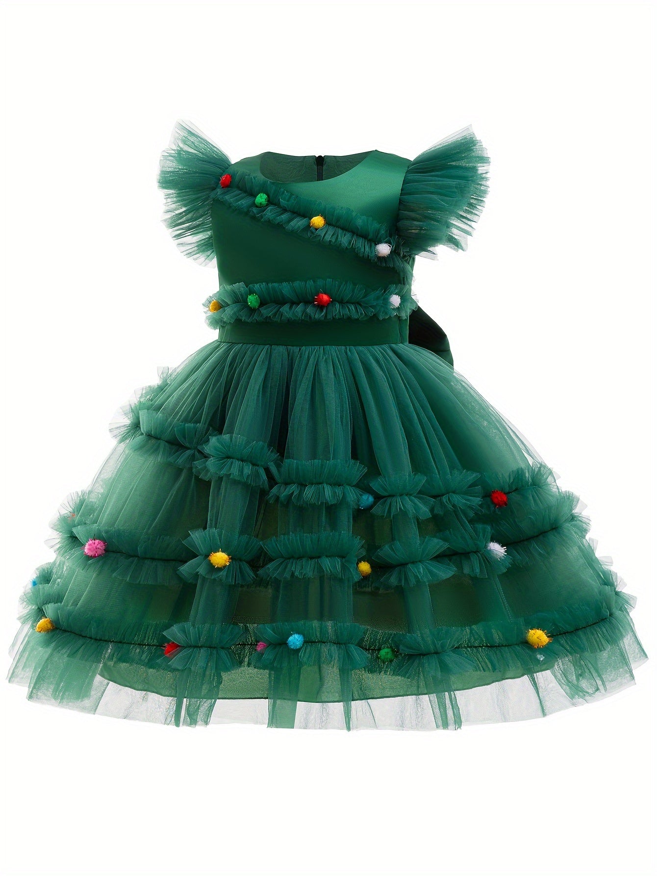 Girls' Enchanting Princess Dress with Flutter Sleeves - Perfect for Christmas & Parties, Knee-Length Tulle Tutu, 35% Cotton Blend