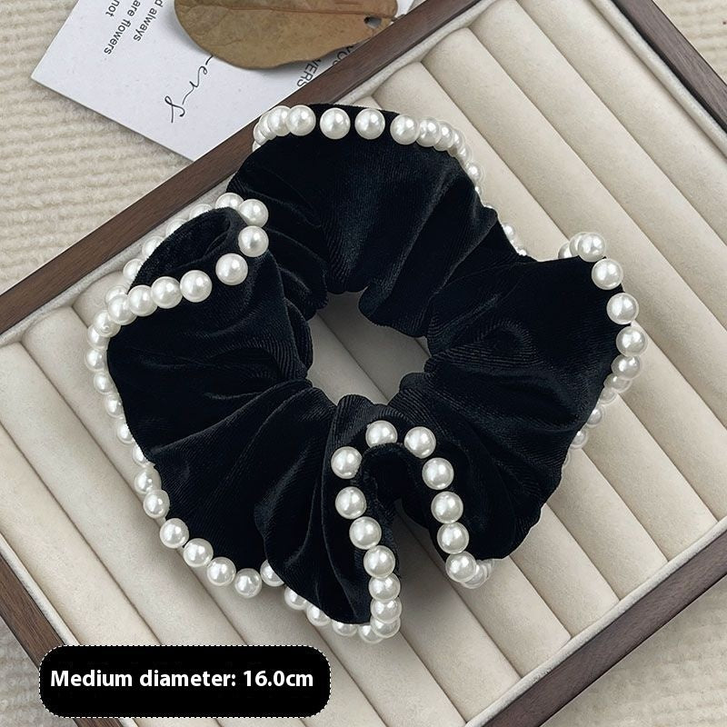 Vintage Velvet Beads Hair Ring Temperament Oversized Flocking Classic Style All-matching Elegant Fashion High Elastic Black Hair Rope