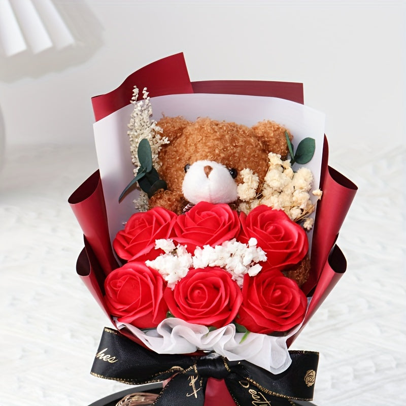 Glass Dome Bear Bouquet Artificial Roses - Tabletop Decor for Various Occasions, Ideal Gift for Birthdays, Valentine's Day, Christmas, Mother's Day, Graduation, Thanksgiving - No Electricity or Battery Needed