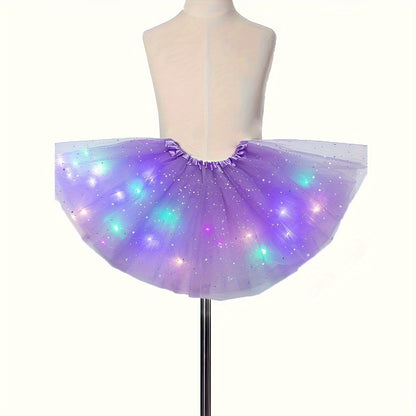 LED Light-Up Tutu Skirt for Kids, Princess Star Glitter Gauze Skirt with Button Battery, Multi-Color Illuminated Fabric Skirt for Christmas, Halloween, Birthday Party & Special Occasions