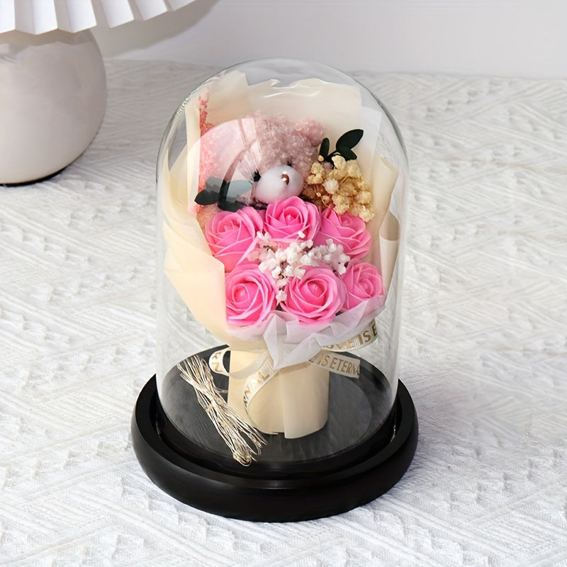 Glass Dome Bear Bouquet Artificial Roses - Tabletop Decor for Various Occasions, Ideal Gift for Birthdays, Valentine's Day, Christmas, Mother's Day, Graduation, Thanksgiving - No Electricity or Battery Needed