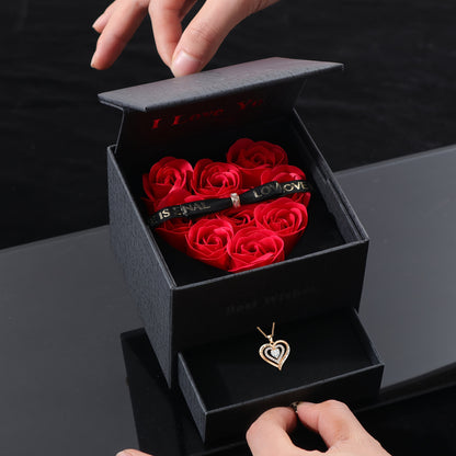 Halloween Gift Set - Eternal Rose Artificial Flowers in Heart-Shaped Box with "I Love You" Golden Heart Pendant Necklace, No Battery, No Electricity Needed - Perfect for Girlfriend, Wife, Mom, Best Friend