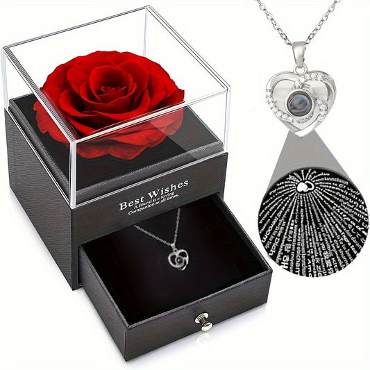 Eternal Red Rose & 'I Love You' Necklace - Perfect Gift for Her on Valentine's, Mother's Day, Anniversary, Birthday | Acrylic Flower in Display Box