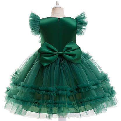 Girls' Enchanting Princess Dress with Flutter Sleeves - Perfect for Christmas & Parties, Knee-Length Tulle Tutu, 35% Cotton Blend