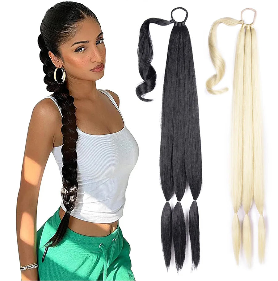 26"34Inch Braided Ponytail Extension Yaki Synthetic Long Ponytail With Hair Tie Diy Braided Ponytail High Temperature Fiber