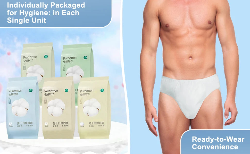 Purcotton Disposable Underwear for Men, 5 pieces, 100% Cotton Men's Briefs Pants, Individually Wrapped Panties