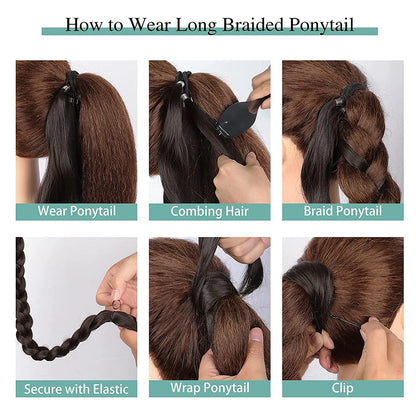 26"34Inch Braided Ponytail Extension Yaki Synthetic Long Ponytail With Hair Tie Diy Braided Ponytail High Temperature Fiber