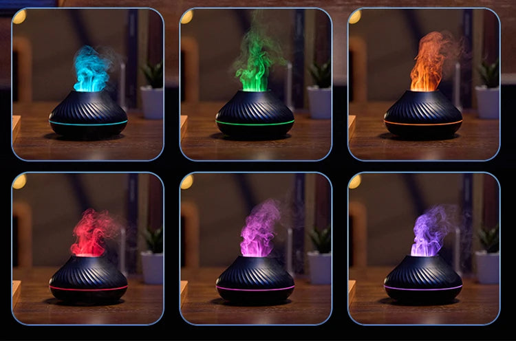 Volcanic Aromatherapy Humidifier 130ml USB Portable Essential Oils Diffuser with Color Flame Night Light for Home Bedroom Office