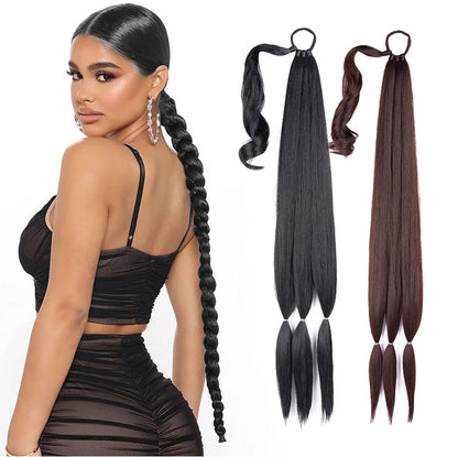 26"34Inch Braided Ponytail Extension Yaki Synthetic Long Ponytail With Hair Tie Diy Braided Ponytail High Temperature Fiber