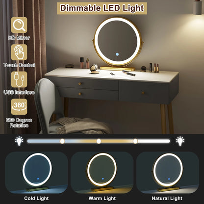 1SET Vanity Dressing Table Cosmetic Make up Table with Lighting Adjustable LED Mirror Light 3 Drawers Velvet Stool for Bedroom