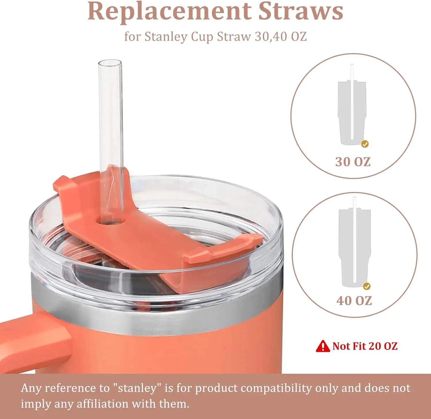 6 PCS Reusable Straw Replacement for Stanley 40 oz. 30 oz. Non-Tipping Cups Plastic Straws