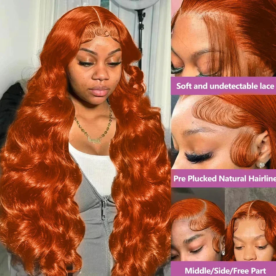 30 40Inch Orange Ginger Body Wave 13x4 HD Transparent Lace Frontal Wig Brazilian Color 13x6 Lace Front Human Hair Wigs For Women