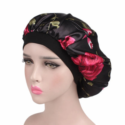 Women Floral Silk Night Sleep Cap Hair Bonnet Hat Head Cover Satin Turban Wrap