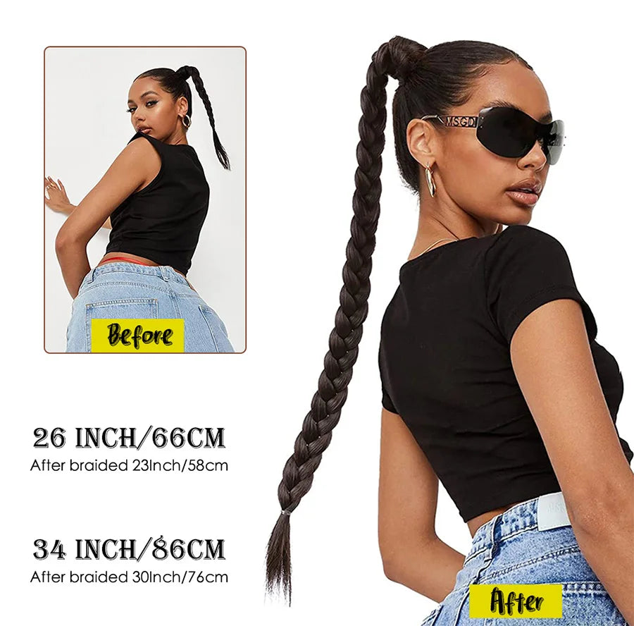 26"34Inch Braided Ponytail Extension Yaki Synthetic Long Ponytail With Hair Tie Diy Braided Ponytail High Temperature Fiber