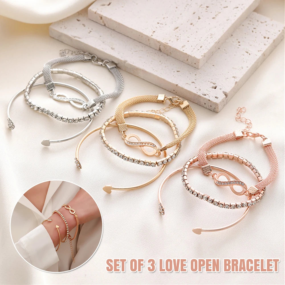 Set of 3 Love Bracelet Women Accessories Party Elegant Gold Silver Gift