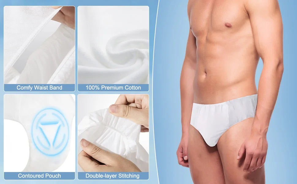 Purcotton Disposable Underwear for Men, 15 pieces, 100% Cotton Men's Briefs Pants, Individually Wrapped Panties