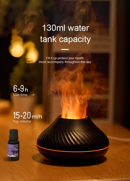 Volcanic Aromatherapy Humidifier 130ml USB Portable Essential Oils Diffuser with Color Flame Night Light for Home Bedroom Office