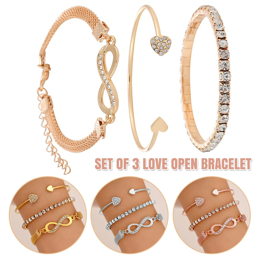 Set of 3 Love Bracelet Women Accessories Party Elegant Gold Silver Gift