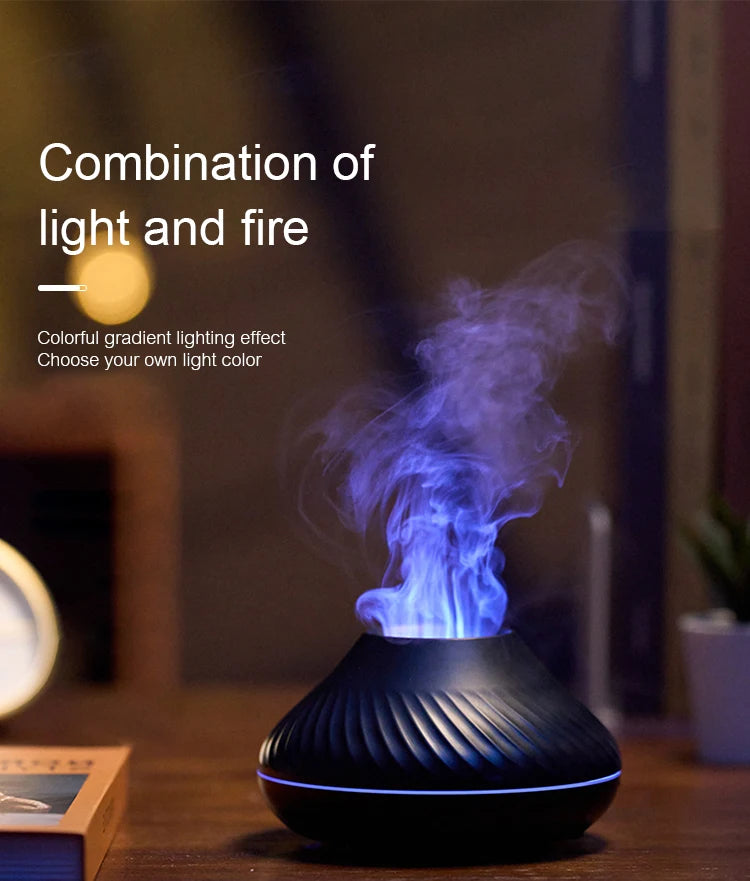 Volcanic Aromatherapy Humidifier 130ml USB Portable Essential Oils Diffuser with Color Flame Night Light for Home Bedroom Office