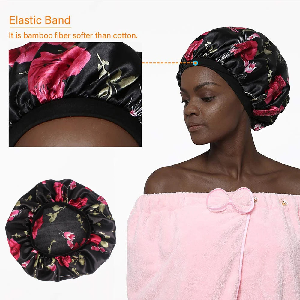 Women Floral Silk Night Sleep Cap Hair Bonnet Hat Head Cover Satin Turban Wrap