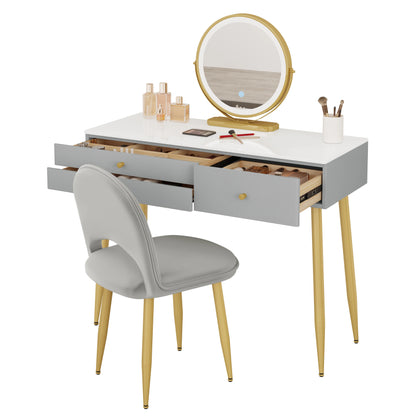 1SET Vanity Dressing Table Cosmetic Make up Table with Lighting Adjustable LED Mirror Light 3 Drawers Velvet Stool for Bedroom