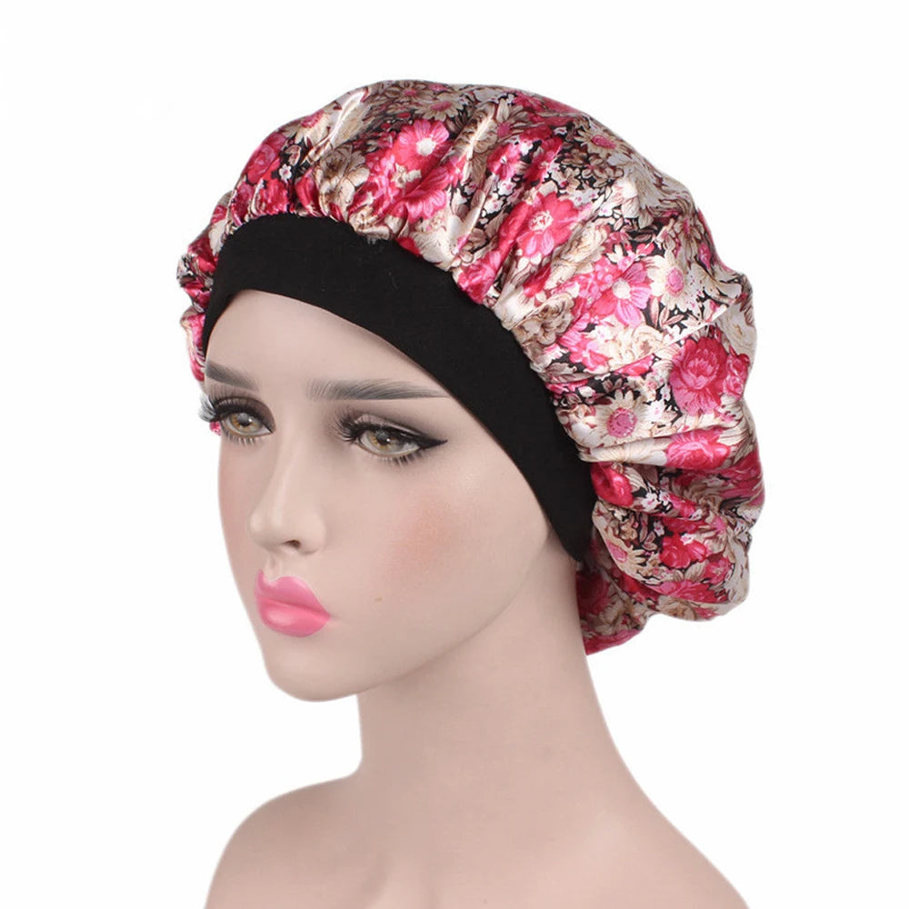 Women Floral Silk Night Sleep Cap Hair Bonnet Hat Head Cover Satin Turban Wrap