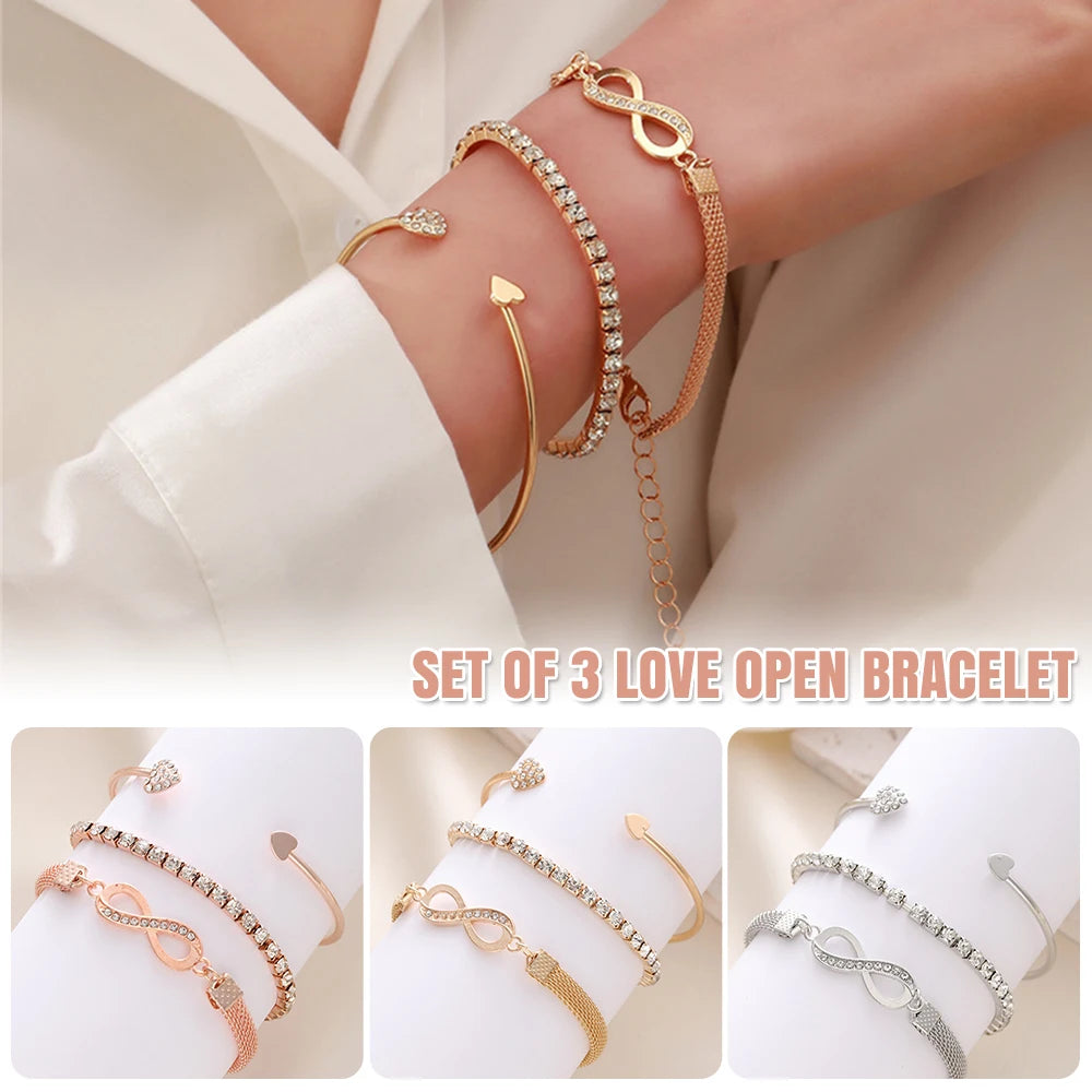 Set of 3 Love Bracelet Women Accessories Party Elegant Gold Silver Gift