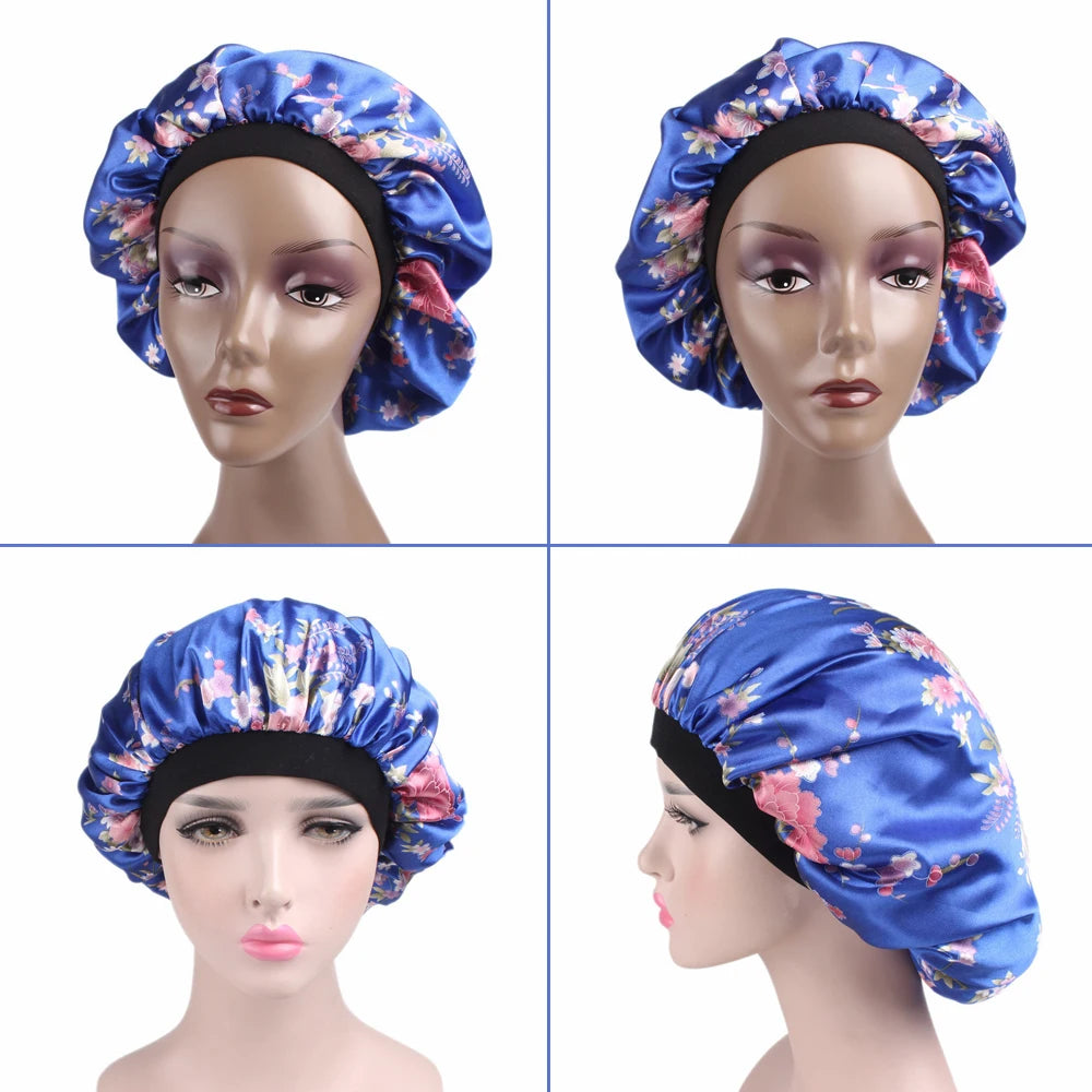 Women Floral Silk Night Sleep Cap Hair Bonnet Hat Head Cover Satin Turban Wrap