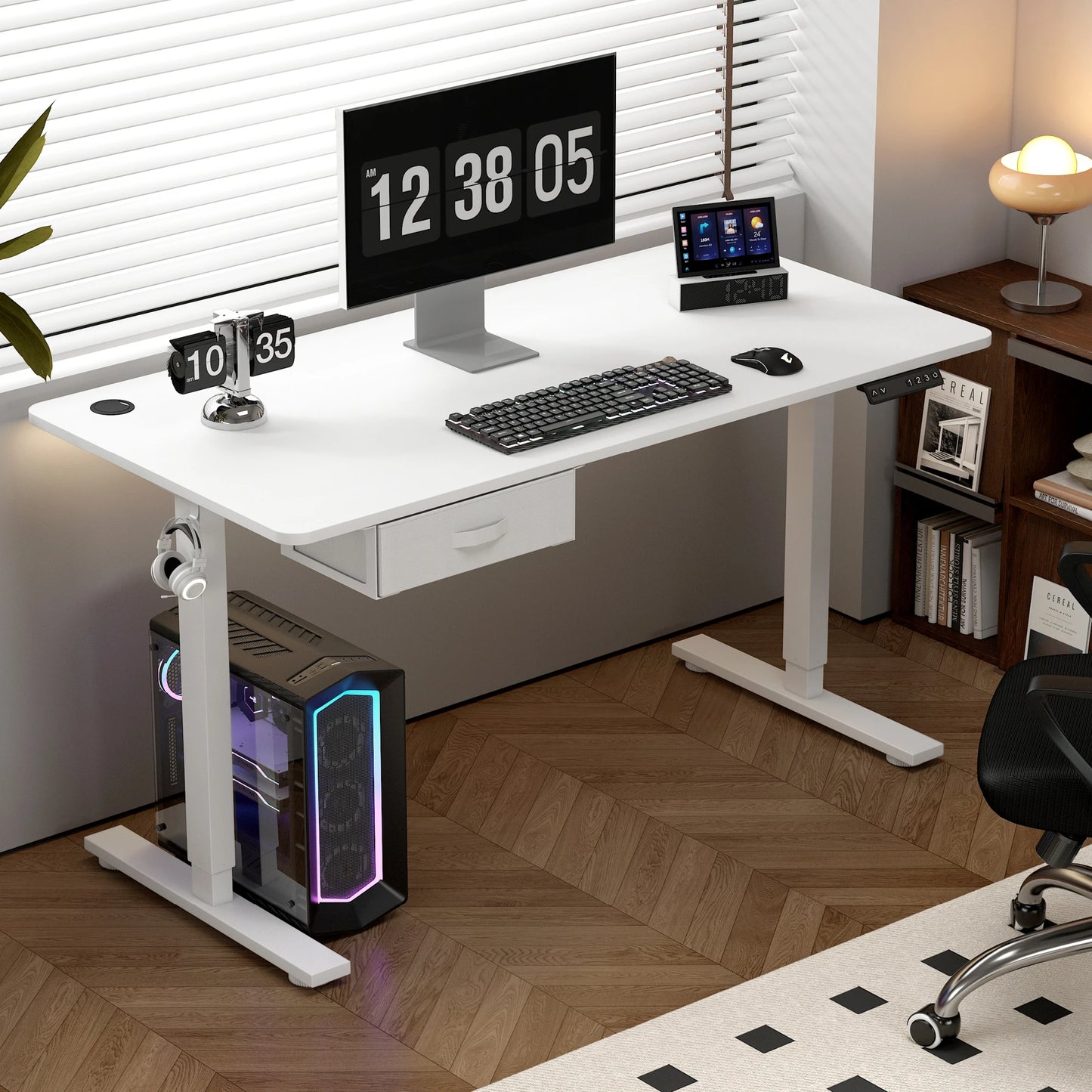 Electric Standing Desk Sit Stand Table Height Adjustable Electric Computer Desk USB Charging Port Drawer for Home Office-140cm