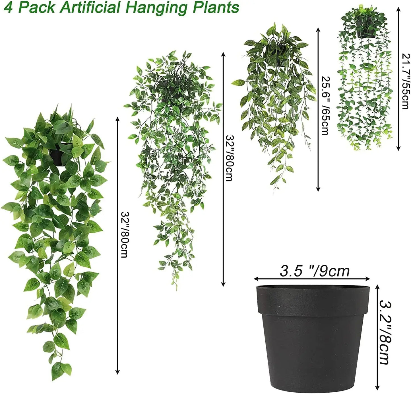 4-Pack Artificial Hanging Plant with Pots- Realistic Green Plants Flowers - Indoor & Outdoor Faux Greenery for Home Decoration,