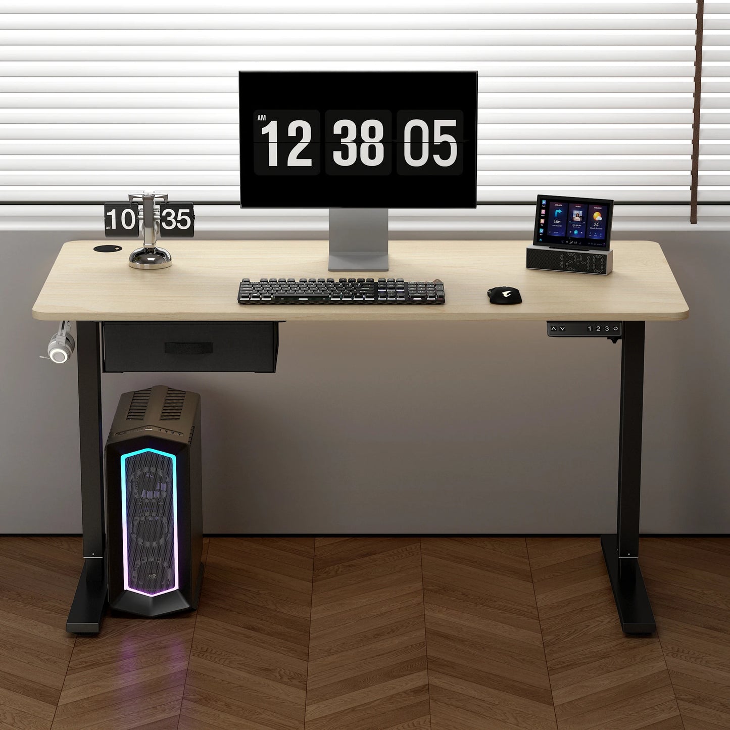 Electric Standing Desk Sit Stand Table Height Adjustable Electric Computer Desk USB Charging Port Drawer for Home Office-140cm