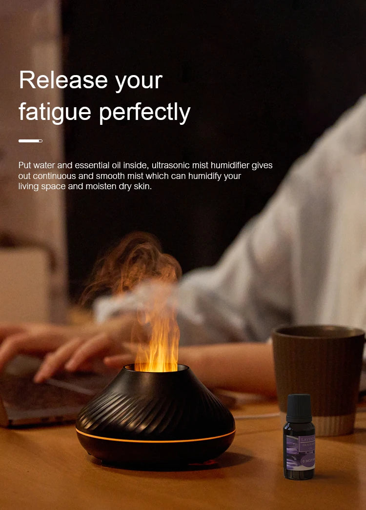 Volcanic Aromatherapy Humidifier 130ml USB Portable Essential Oils Diffuser with Color Flame Night Light for Home Bedroom Office