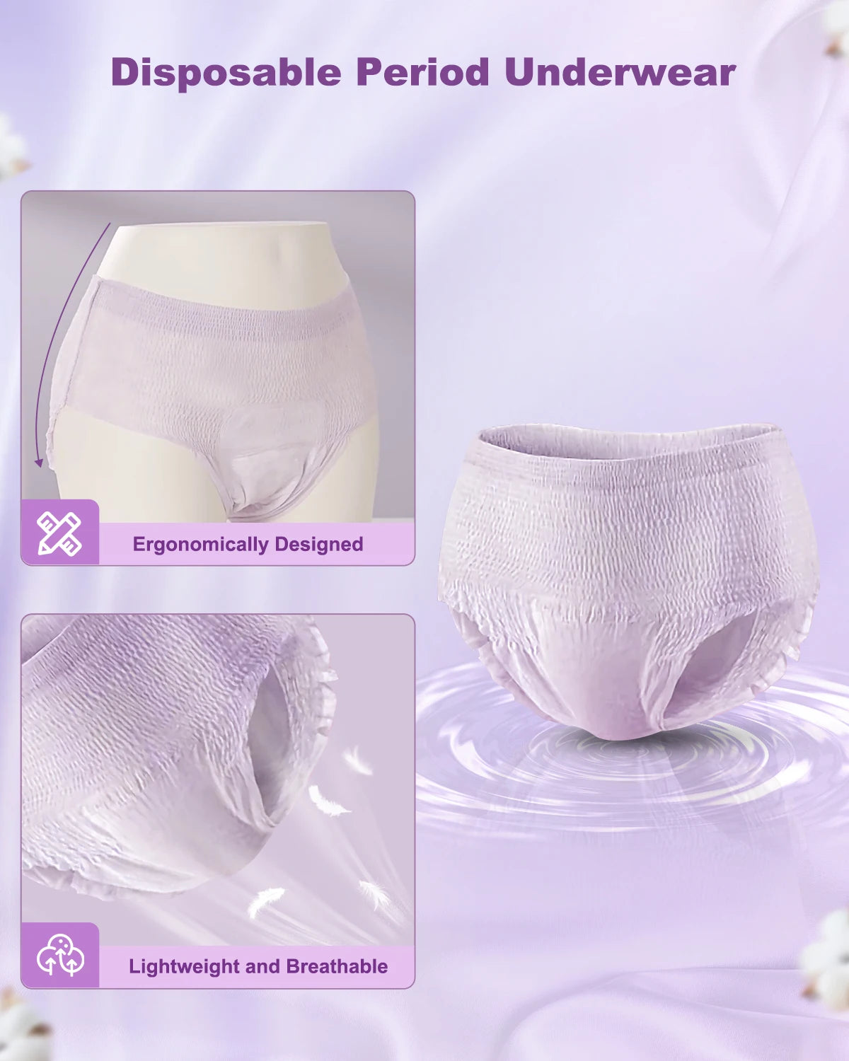 Purcotton Period Pants Incontinence Pants Women, Kind to Skin Adult Nappies, Maternity Pads Postpartum Pants Disposable Pants