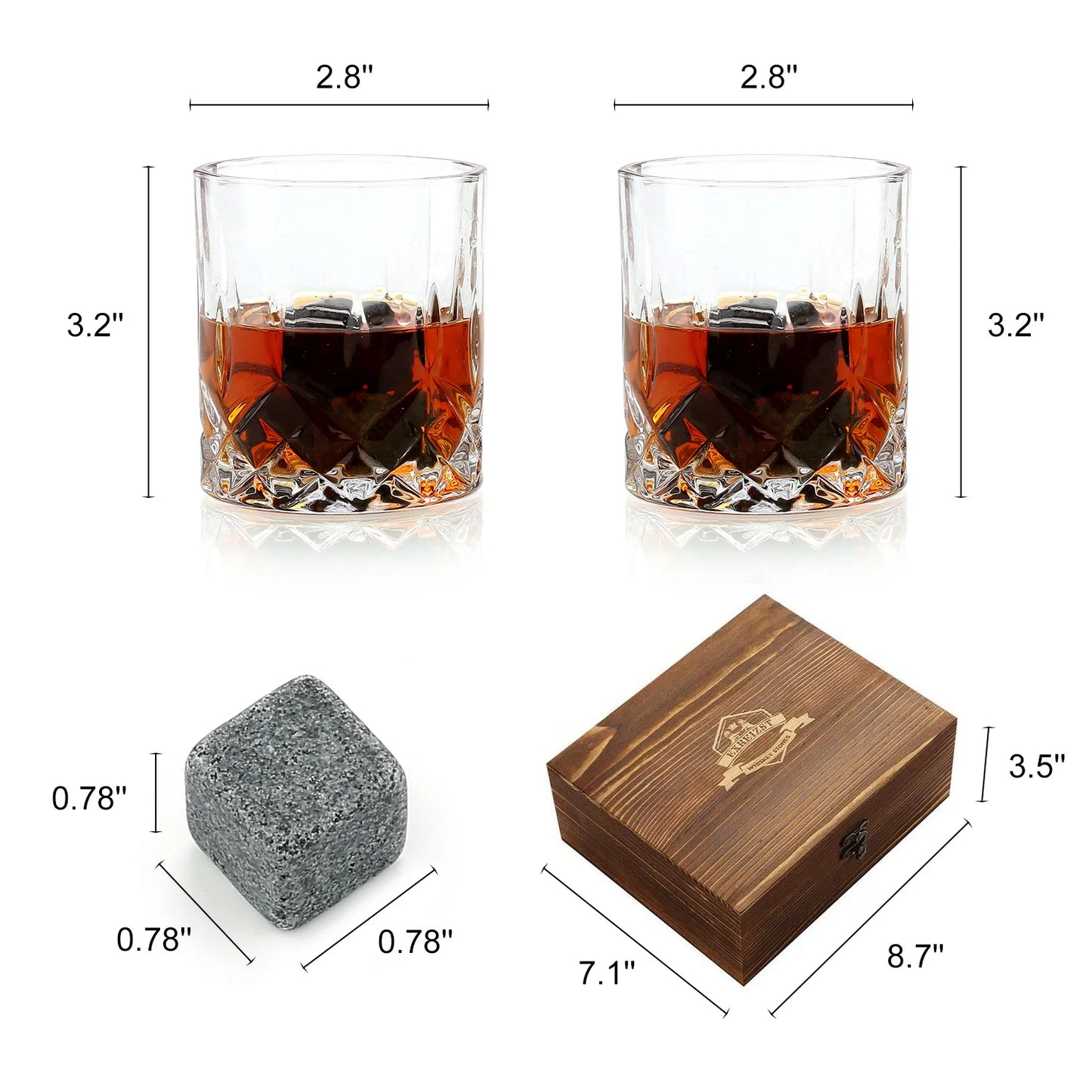 Whiskey Stones & Glasses Set, Granite Ice Cube For Whisky, Whisky Chilling Rocks In Wooden Box, Best Gift For Dad Husband Men