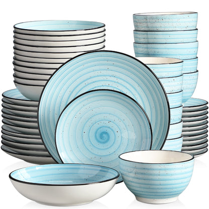 vancasso Blue 24/48-Piece Handpainted Spirals  Stoneware Dinner Combi-Set with Bowl,Dessert Plate,Soup Plate,Dinner Plate